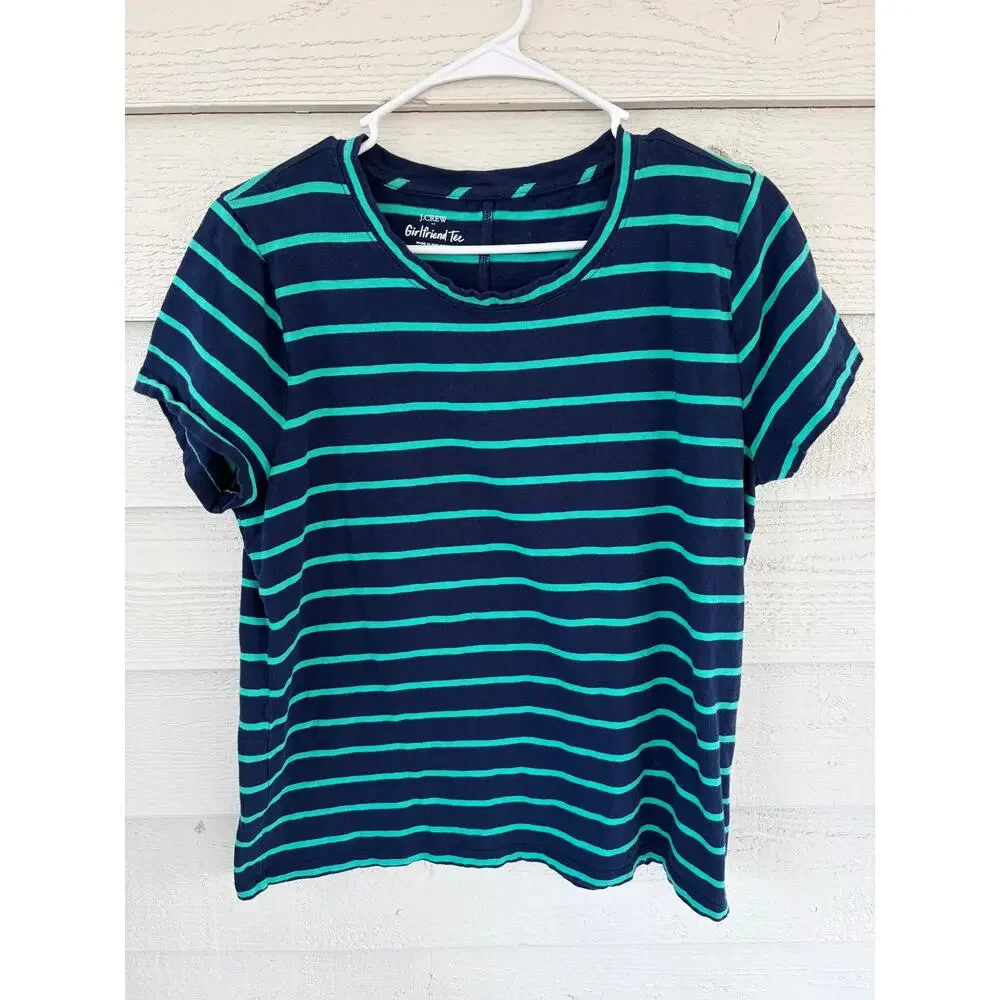 J.Crew Girlfriend Tee Striped T-Shirt Navy & Green Size Large - Picture 2 of 6